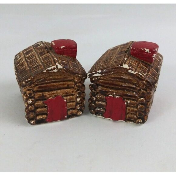 Vintage Chalk Ware Log Cabin 1.75" Salt & Pepper Shakers - Picture 1 of 13
